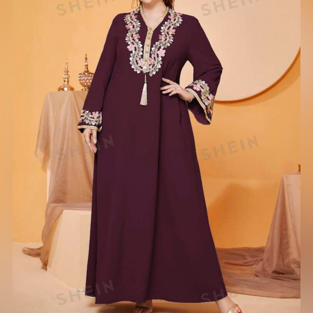 SHEIN Modley Pkus Floral Embroidery Tassle Detail Flounce Sleeve Dress